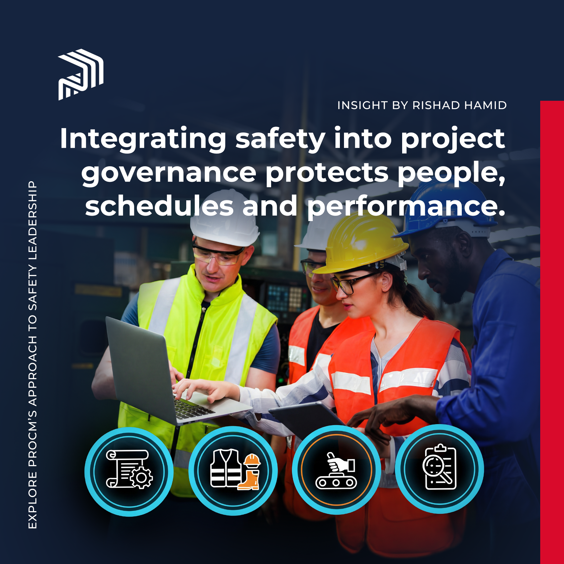 Group of workers in high-visibility vests and hard hats gathered around a laptop, reviewing safety-related documents in an industrial setting with dark blue background and circular icons overlaying the bottom edge.