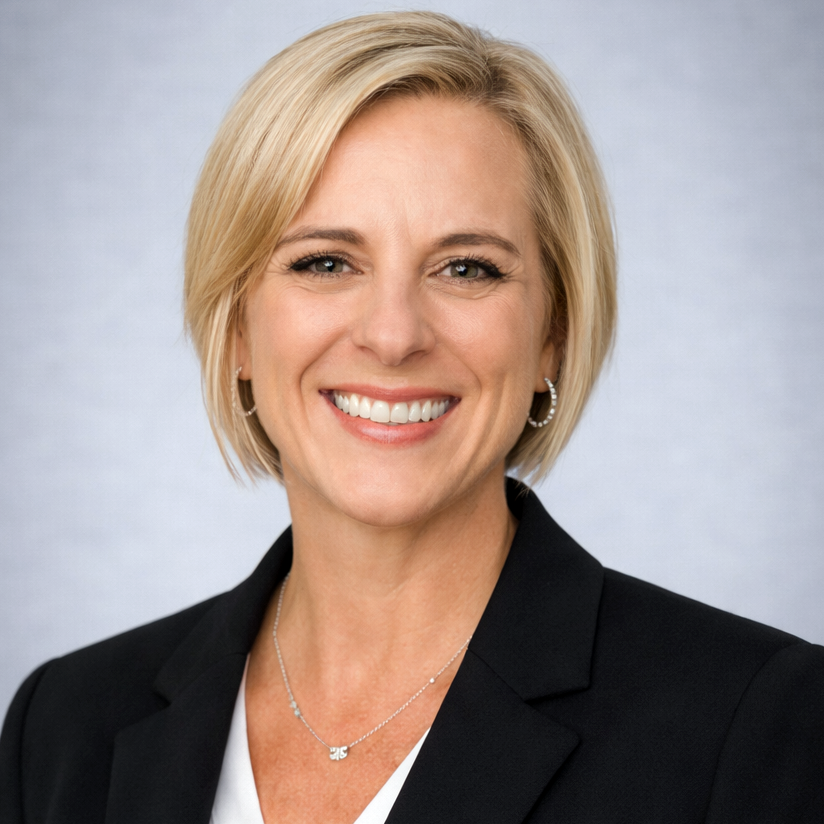 Head-and-shoulders portrait of a smiling blonde woman in a black blazer, against a light gray backdrop (professional headshot).