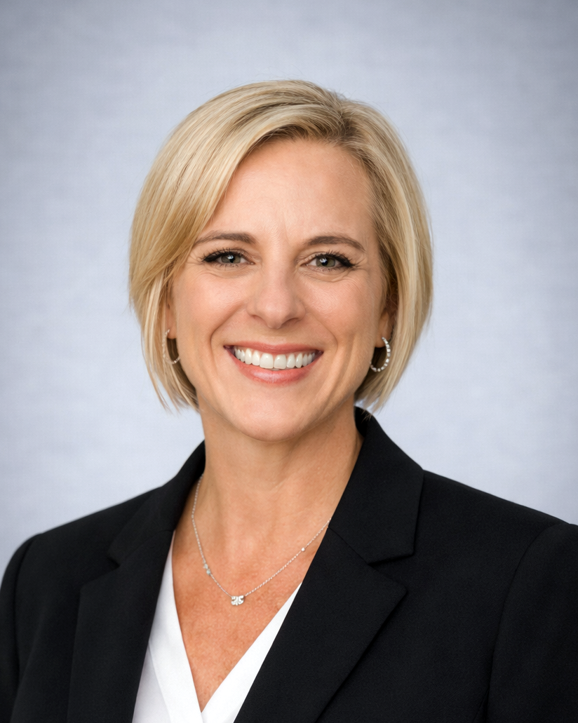 Head-and-shoulders portrait of a smiling blonde woman in a black blazer, against a light gray backdrop (professional headshot).